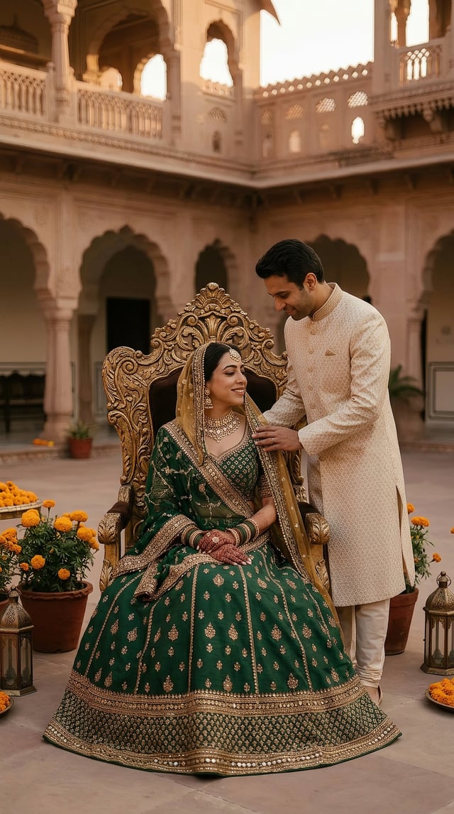 Lady in green lehnga with head covering head like traditional rajasthani look sitting on wooden roya