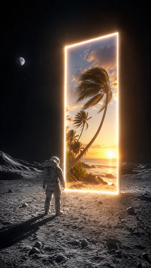 A lone astronaut standing on the dark surface of an alien moon, staring at an enormous perfectly rec