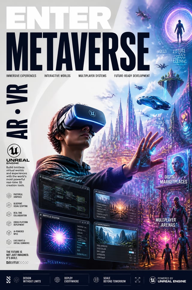 2:3 aspect ratio. Epic stylized futuristic advertising poster featuring a premium VR headset project