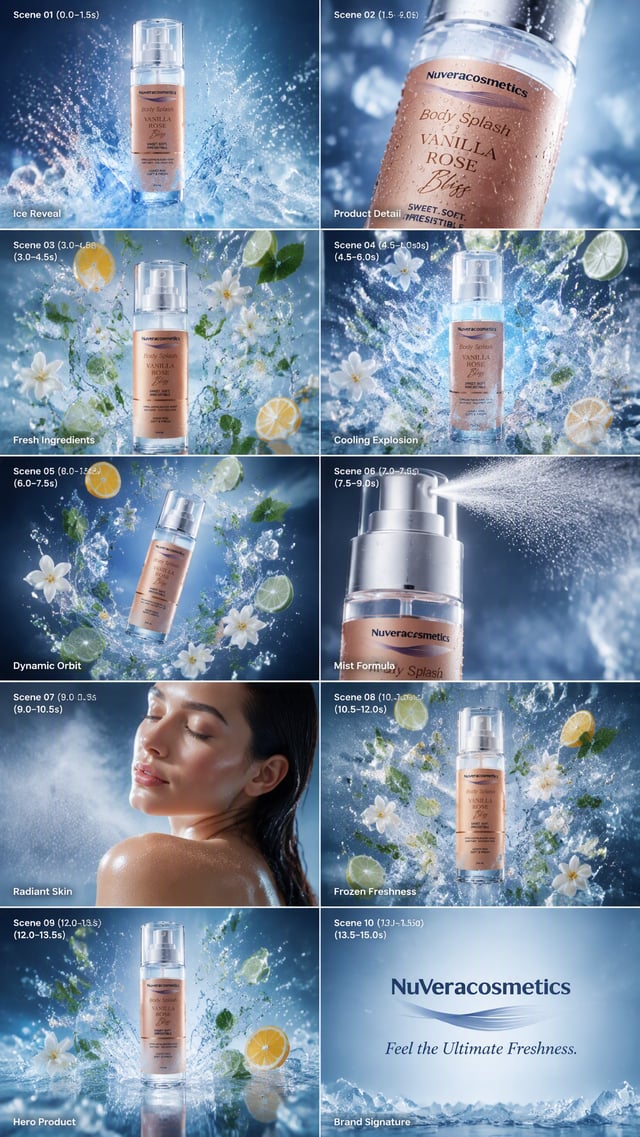 Title: "REFRESHING BODY MIST TECHNOLOGY"Subtitle: "15 Second Body Splash Commercial"Scene 01 (0.0–1.