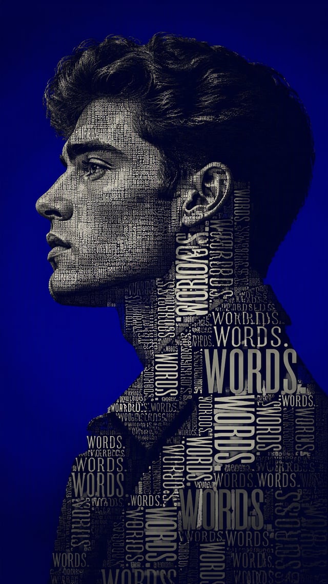 Create a premium 9:16 conceptual poster of a young male model photographed in sharp profile.His silh