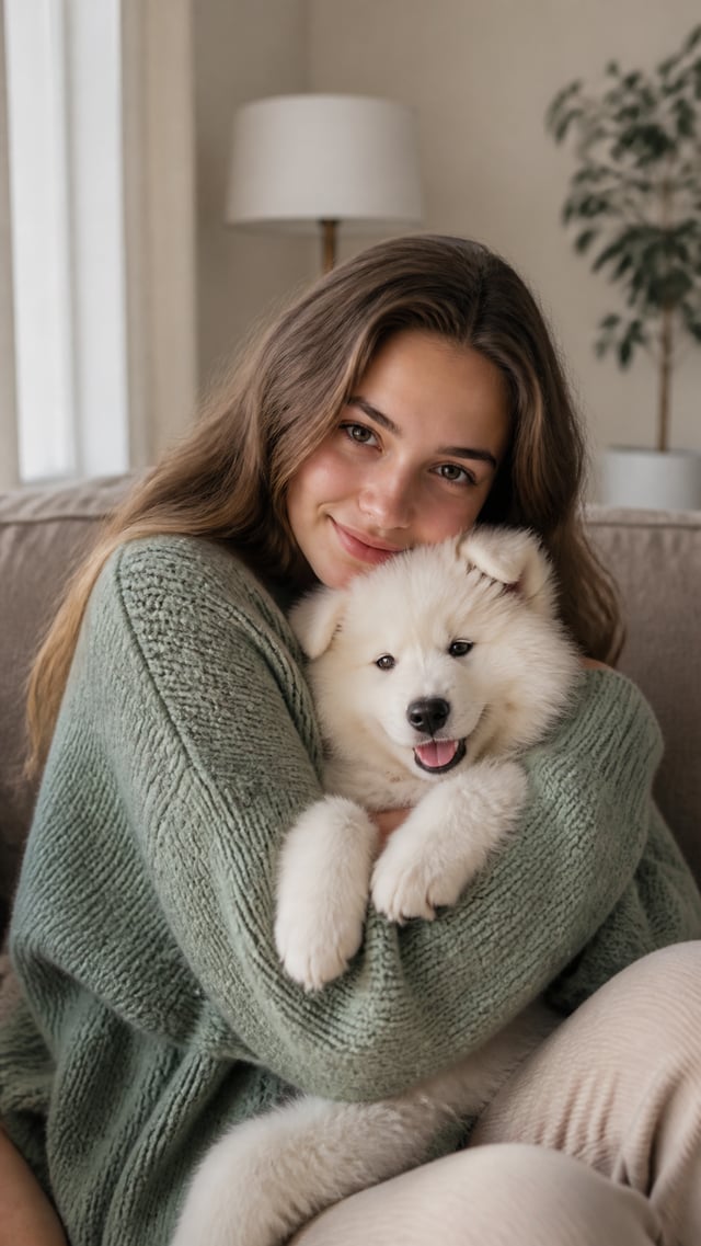 Inside a bright modern living room on a soft warm-taupe sofa, a young woman in her early twenties ge