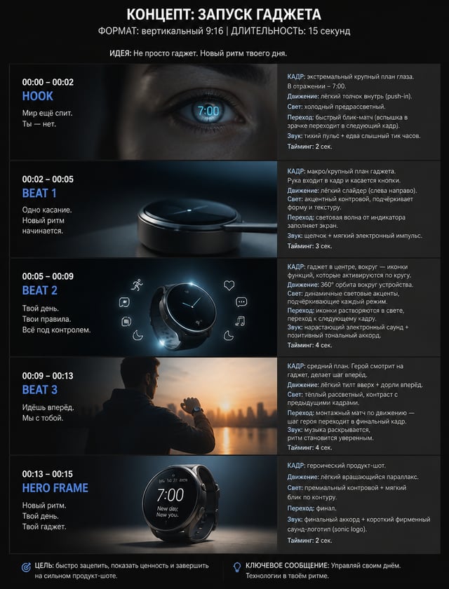 Create a cinematic short-form video concept about запуске гаджета. Build a clear opening hook, three