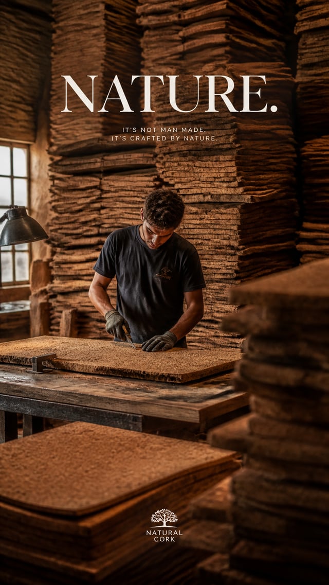 Premium editorial campaign.Main Subject: Young cork craftsman inside a cork workshop.Creative Direct