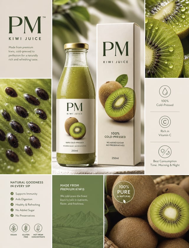 Ultra-premium e-commerce product poster for "PM" Kiwi Juice, in the style of high-end commercial lay