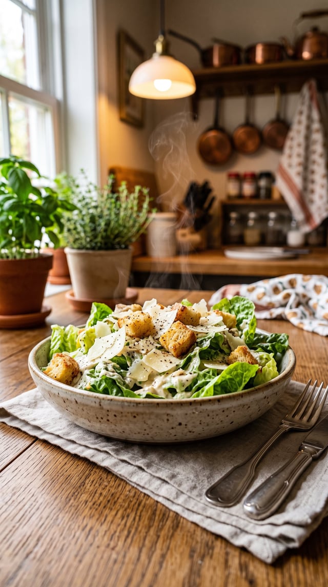 Professional food photography,[Caesar Salad] , placed on a rustic wooden dining table in a cozy kitc
