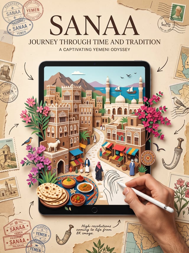 A premium vintage travel poster featuring Sanaa with a large tablet placed in the center displaying 