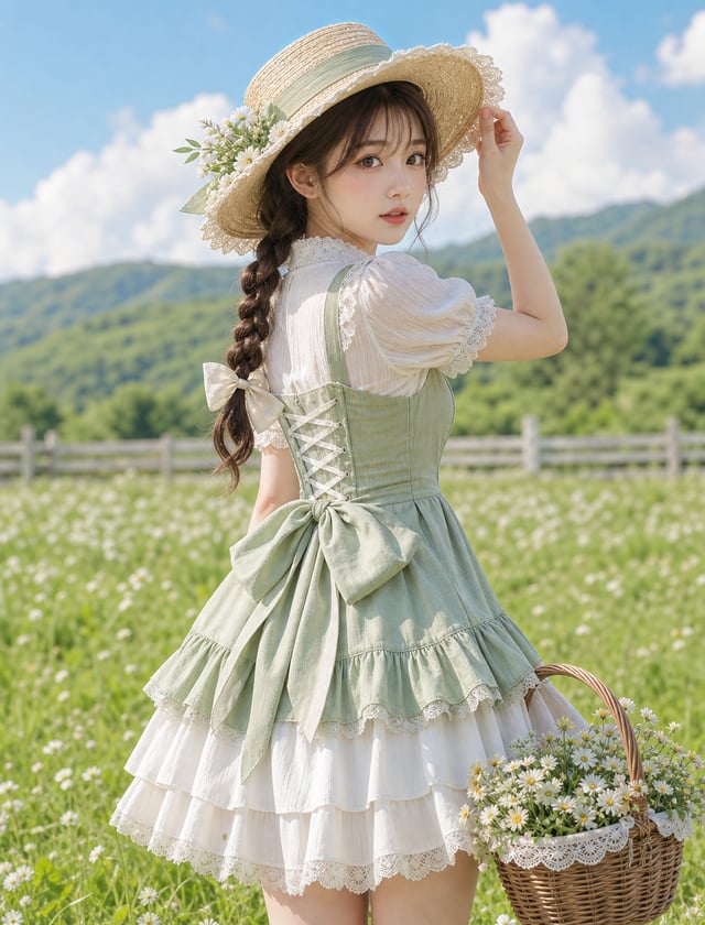 白い小花が咲く明るい草原で、淡いセージ色と白の田園風ドレス、花飾りの麦わら帽子を身につけた若い女性が、白い花を満たした籐籠を持って振り返る太腿上ポートレート。人物を画面中央から右へ大きく置き、背中側の