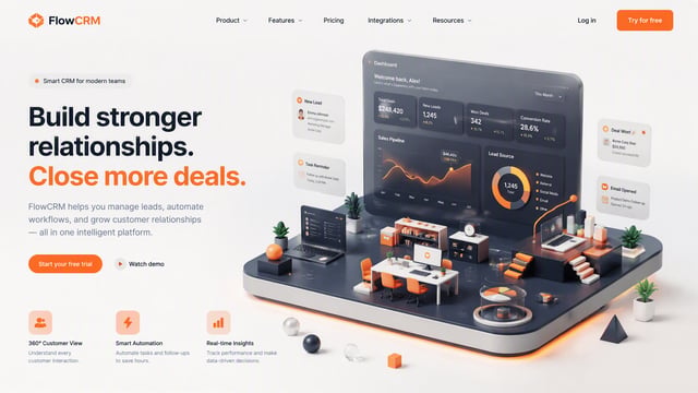 A cutting-edge 3D isometric illustration for a premium CRM system startup website hero section. The 