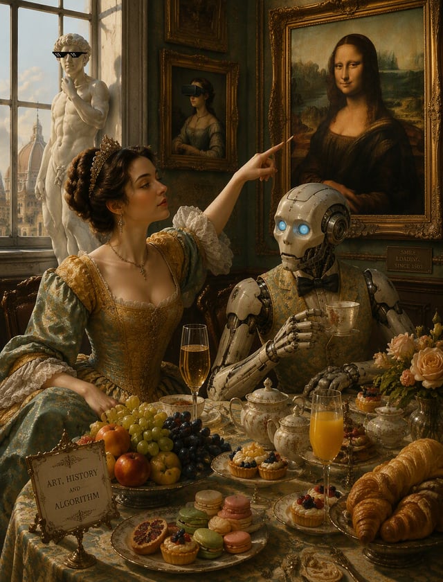 In this captivating and surreal artwork, a regal human woman in an elegant historical or fantasy gow