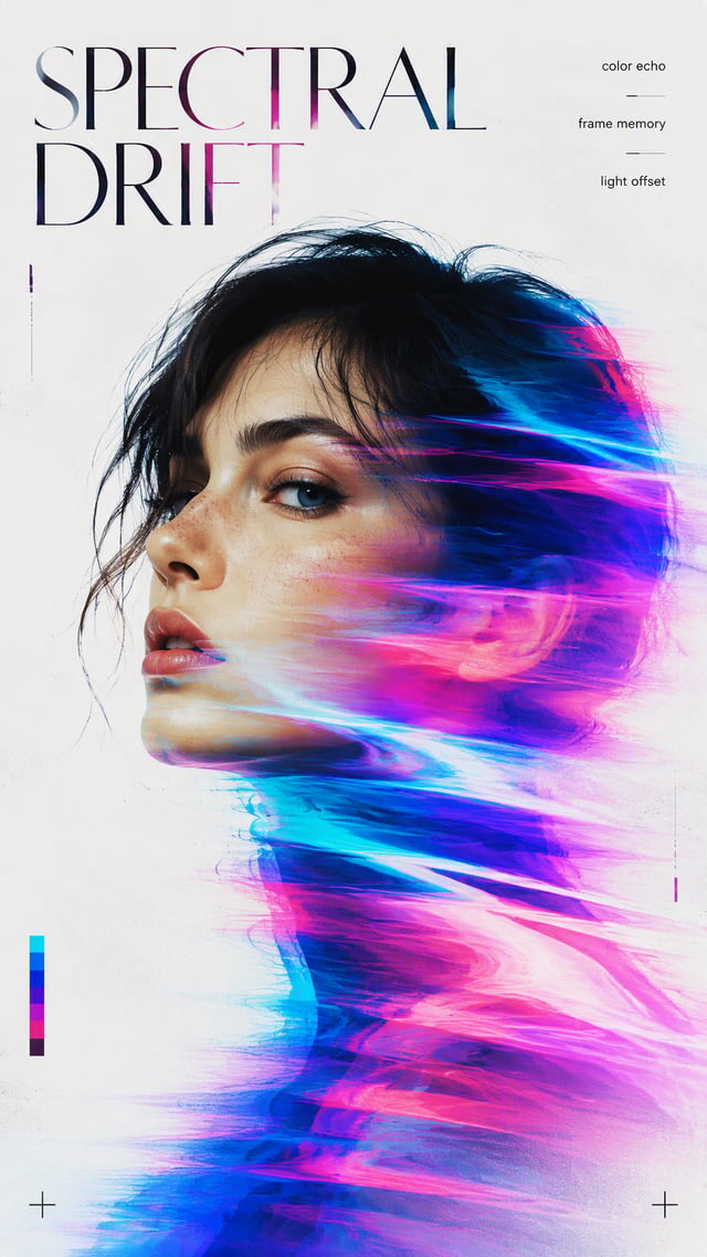 Create a 9:16 experimental portrait poster with a clean editorial layout. SUBJECT: a single adult wo