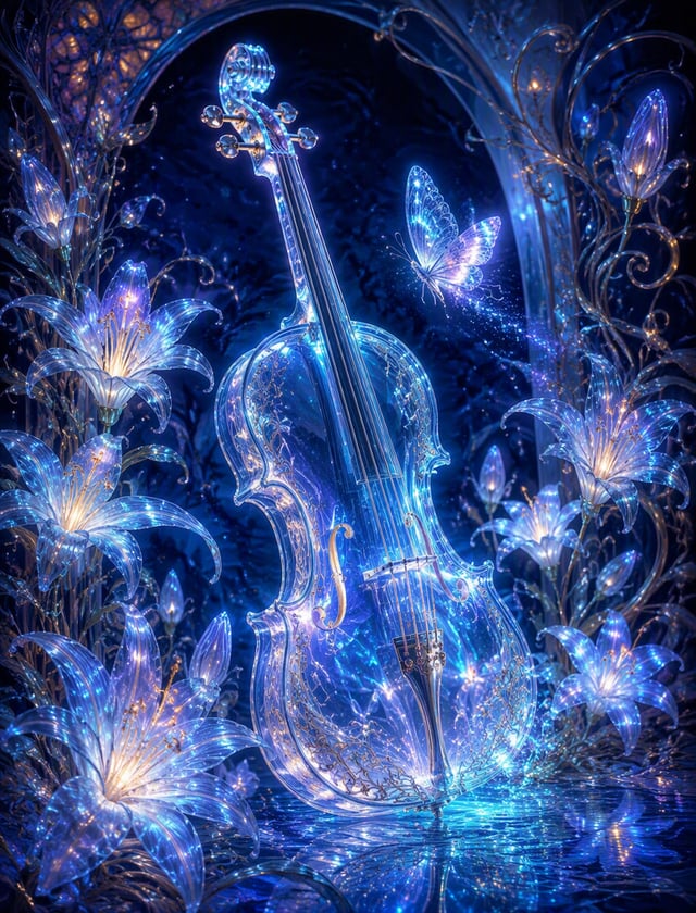 An exquisite digital art piece, featuring a transparent crystal violin illuminated by a mesmerizing 