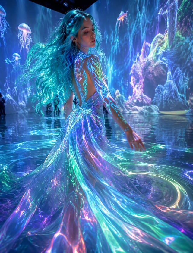 A young woman with flowing aquamarine hair and glowing tattoos stands in an underwater-themed art in