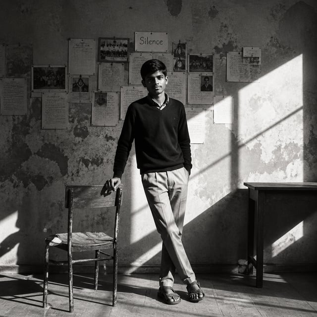 A solitary man stands in a worn classroom, leaning one hand against the back of a battered wooden ch