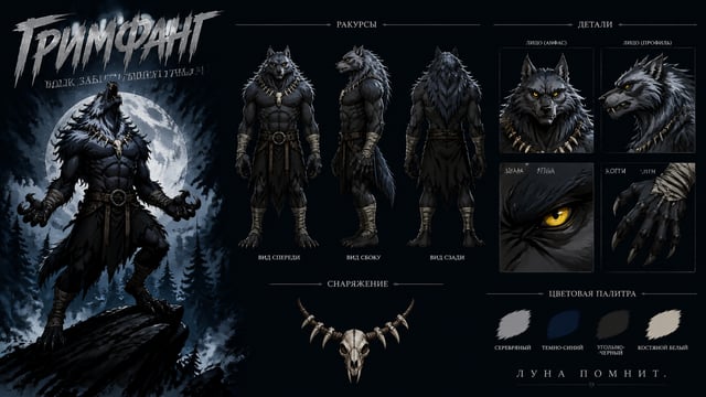 Create a premium cinematic character bible sheet for a monster named GRIMFANG. Use the uploaded char