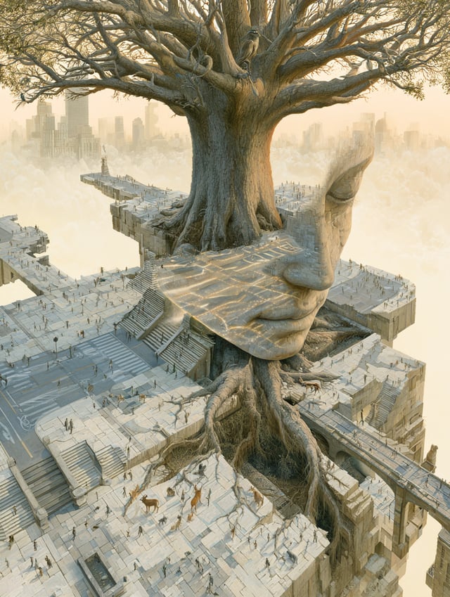 A museum-quality surreal oil painting exploring the concept of civic space.In the center of a vast u