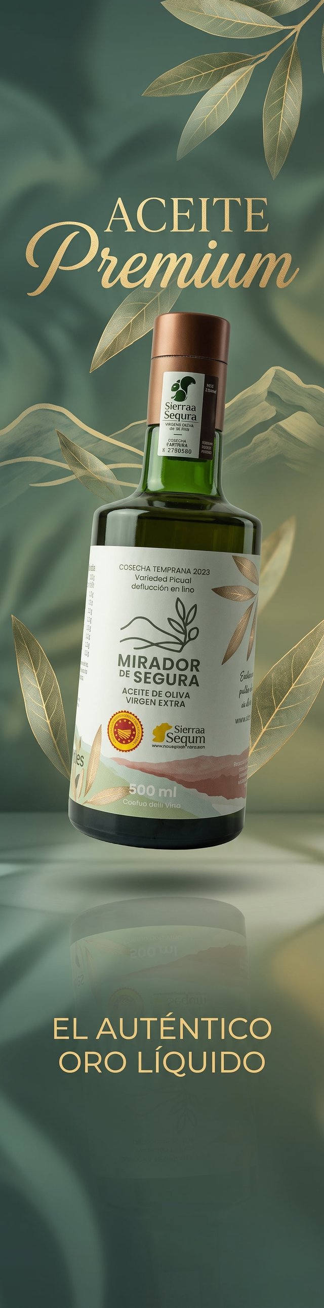 make an breathtaking, luxury, photorealistic commercial ad of bottle of olive oil, big font text pre