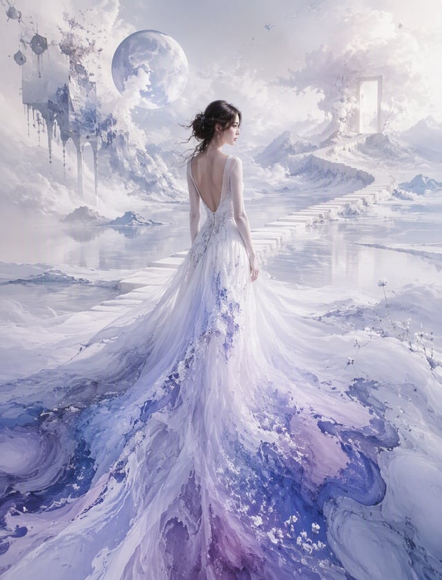 A mesmerizing conceptual art piece, where a captivating woman stands at the center of a dreamy, surr