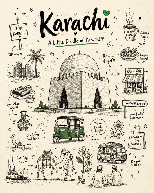 Create a vertical 4:5 minimalist doodle travel poster for Karachi, featuring The city of light as th
