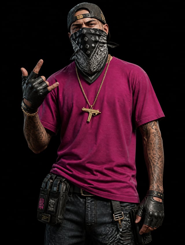 A stylized street-culture character is captured in a dynamic mid-gesture pose, wearing a vibrant mag