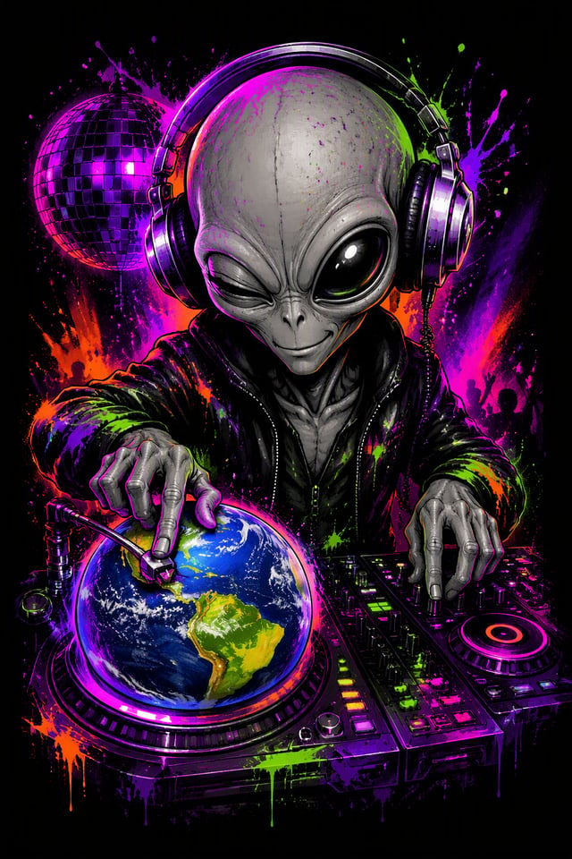 A vertical DTF t-shirt design, centered composition. A stylized classic grey humanoid alien with a d