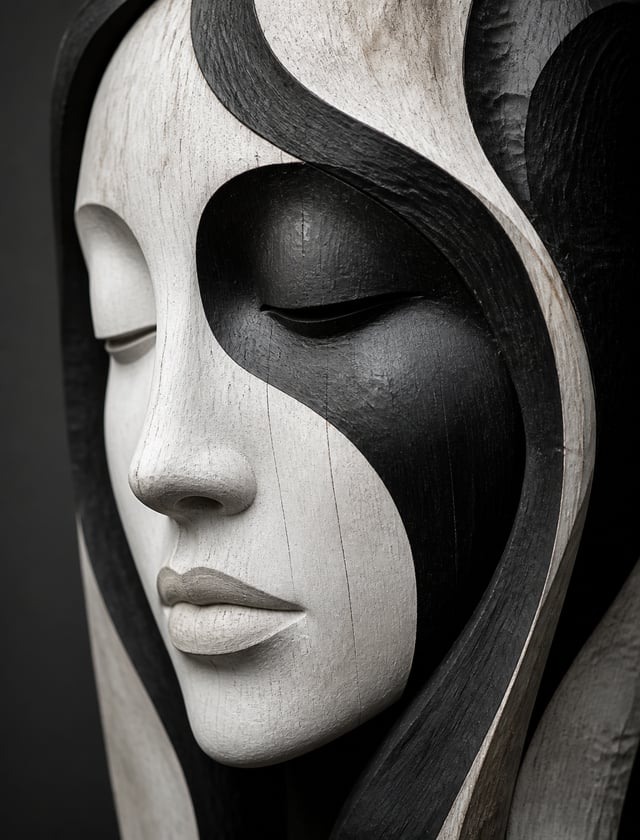 This striking photograph showcases a meticulously handcrafted wooden sculpture of a serene woman’s f