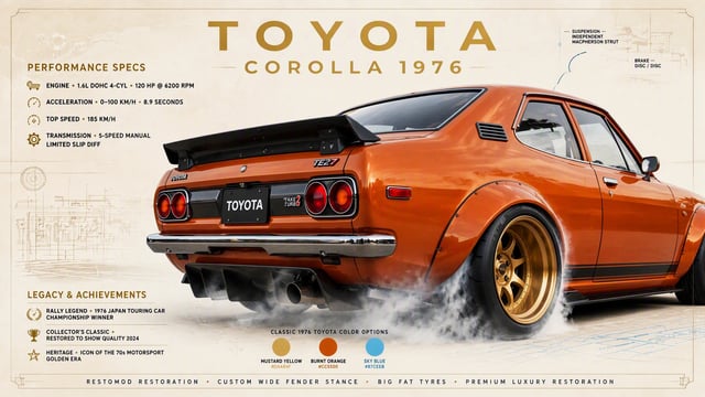 Photorealistic poster of a 1976 Toyota Corolla restomod, burnt orange color, custom widebody fender 