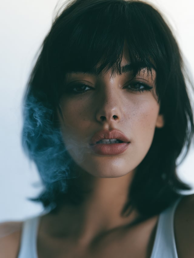 close-up of a young woman with pale blue smoke curling from her lips against a stark white backgroun