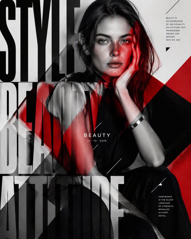 Ultra-photorealistic avant-garde beauty editorial poster, experimental Swiss-inspired graphic design