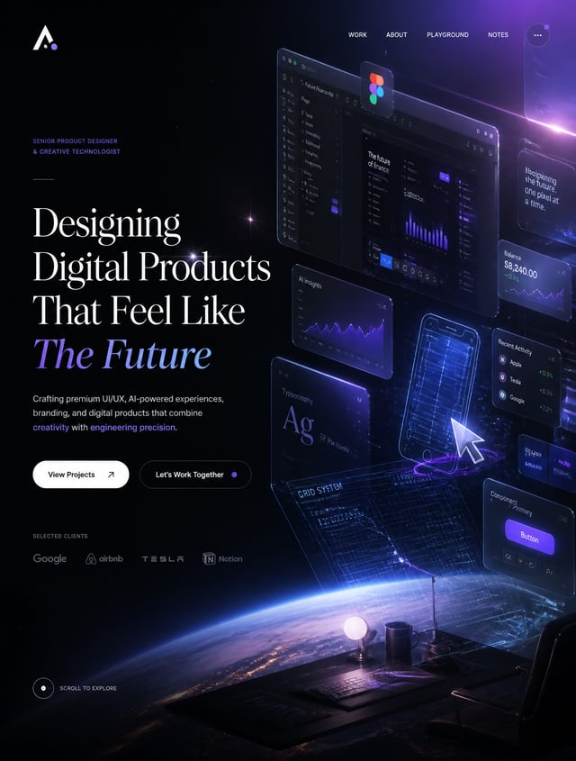 Design an award-winning hero section for a personal portfolio website of a Senior Product Designer a