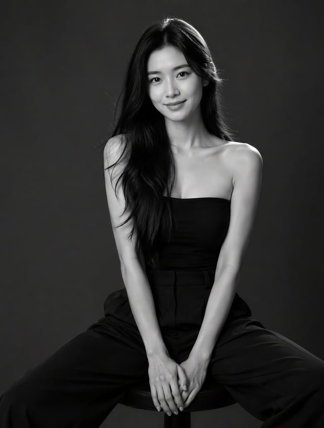 经典黑白摄影棚女性肖像。一位明确22–26岁的年轻东亚女性坐在黑色圆形摄影凳上，约四分之三身构图，从头顶拍至大腿及膝部附近。人物位于画面中央，身体略向一侧转动，上身自然挺直并轻微前倾，双腿自然分开形成