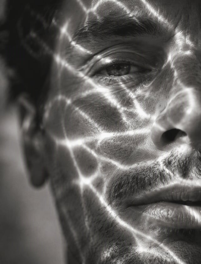 A hyperrealistic 8K black and white extreme close-up portrait of a young man's face, focusing tightl