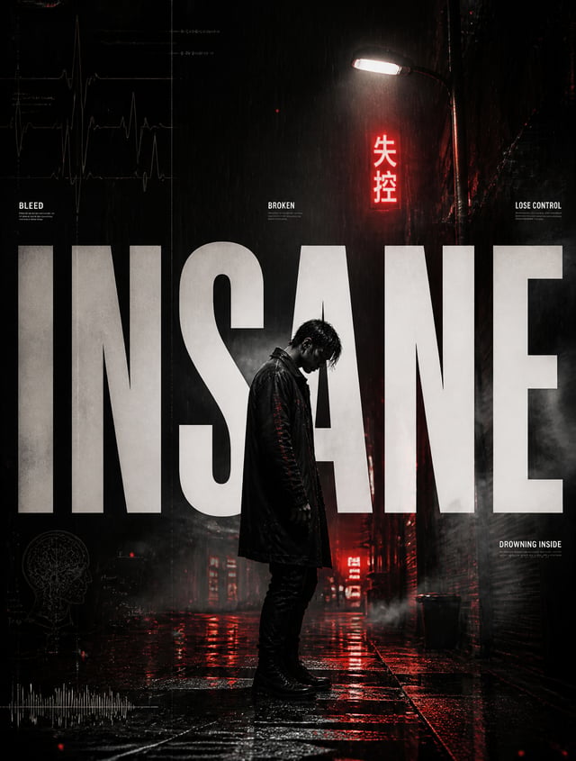 A cinematic professional music cover titled "INSANE", featuring a lone young man standing in a rain-