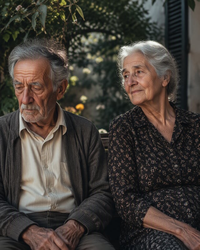 Hyper-realistic documentary portrait of two elderly people sitting side by side in a quiet garden, n