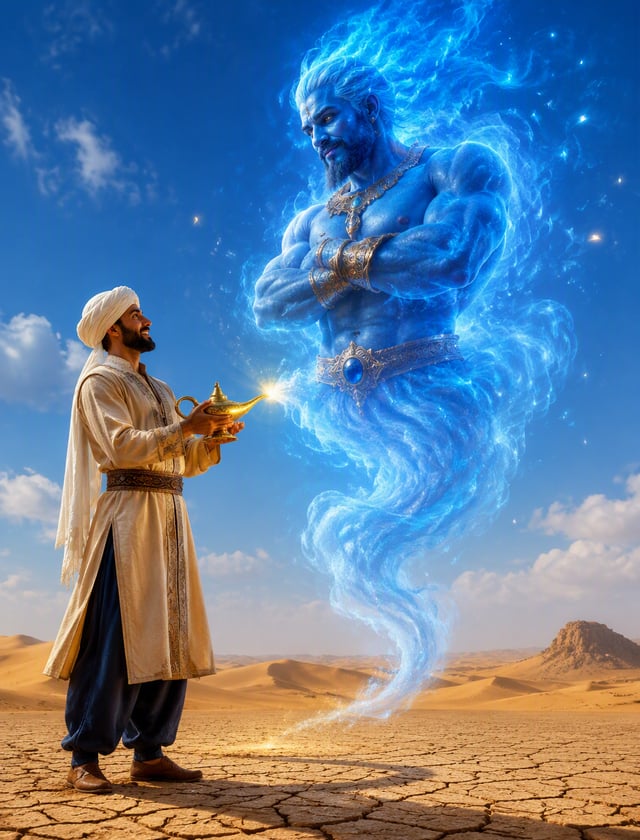 A mystical desert scene featuring a man standing on cracked, dry earth, dressed in traditional Middl