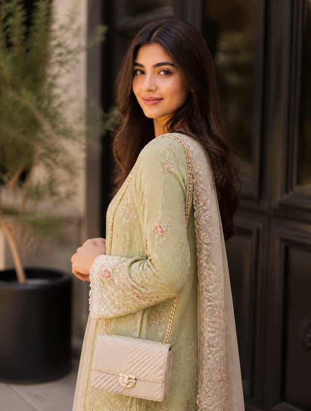 Create image Create an ultra-photorealistic AI-generated Pakistani female fashion influencer with a 
