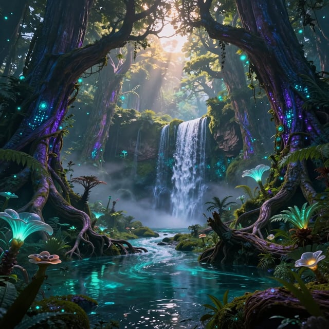 一片浩瀚、古老的外星雨林生态系统，以史诗级科幻电影的视觉风格呈现，采用超高细节的广角环境建立镜头。整个场景被巨型原始古树所支配，树干粗壮、盘曲、苍劲，树皮呈现深靛蓝与紫罗兰色调，其表面嵌入复杂交织的生