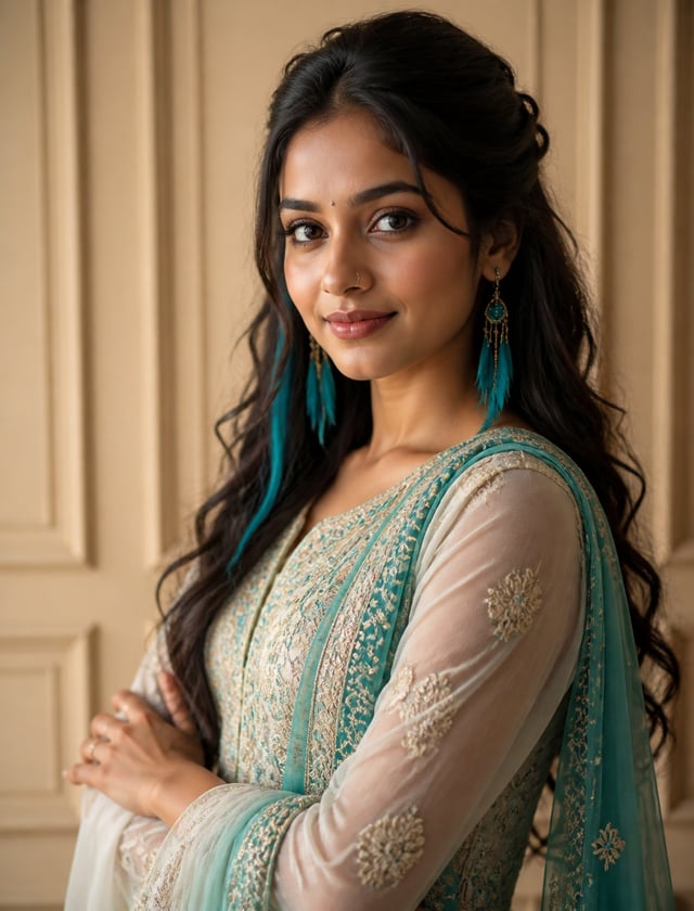 A young South Asian woman poses in a three-quarter portrait, gently crossing her arms while looking 