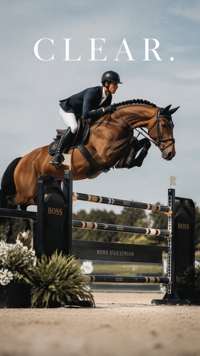 Create a premium 9:16 equestrian sports editorial.Main Subject:Young male show-jumping rider and hor