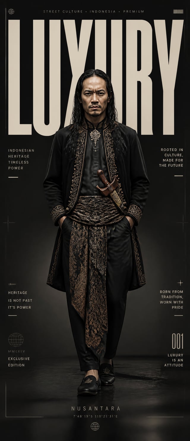 “Buat poster editorial fesyen kelas premium bertema ‘LUXURY’ dengan gaya majalah streetwear Indonesi