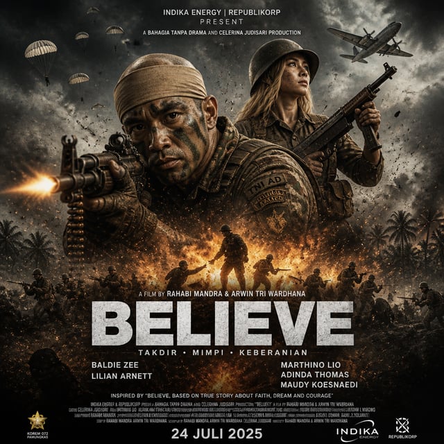 A detailed, high-contrast war drama movie poster for the film 'BELIEVE'.Overall Composition:The post