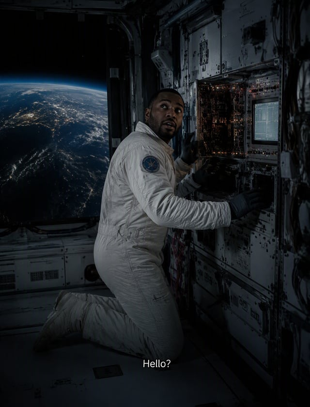 Static. Wide shot inside a dimly lit space station orbiting Earth. An astronaut repairs a control pa