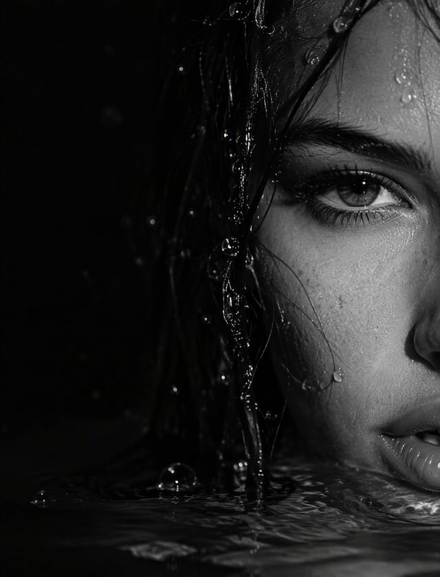 A striking monochrome photo-style portrait of a sultry, adorable female subject with only the right 