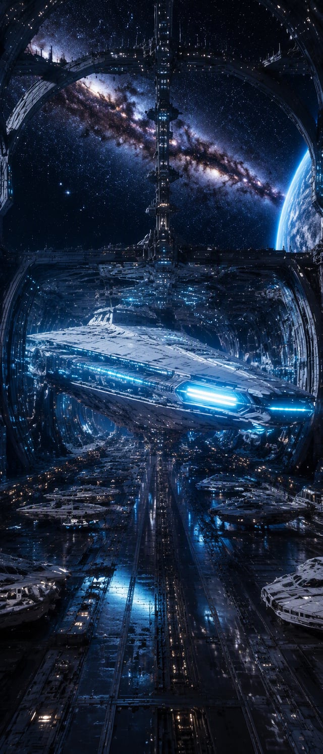 A colossal, sleek white dreadnought-class spaceship with an elongated wedge shape, docked inside a m