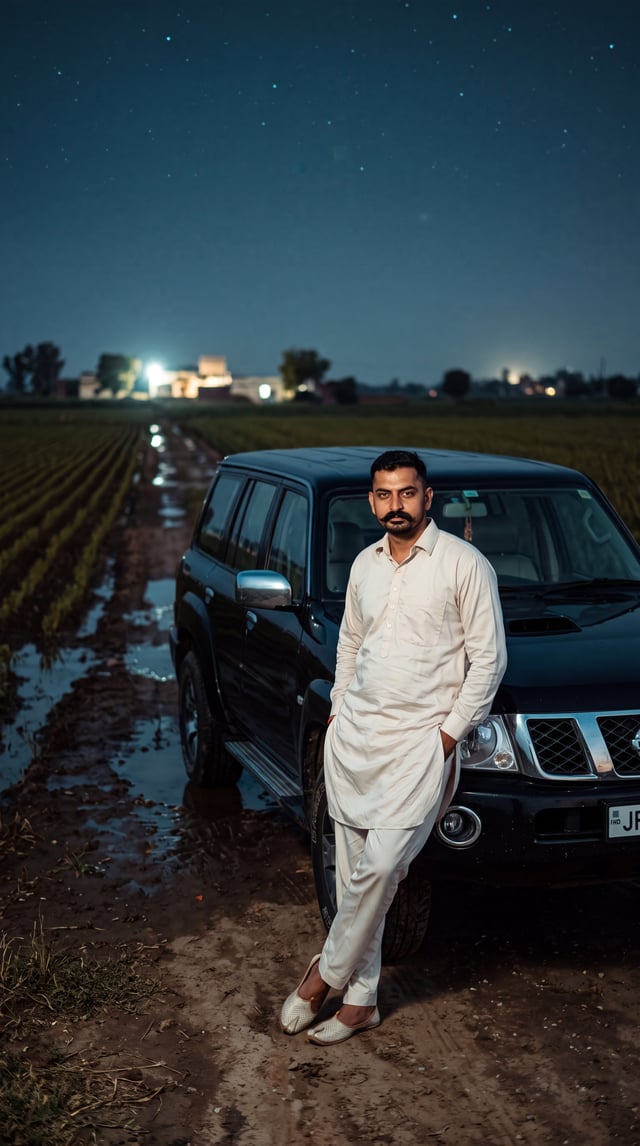A Cinematic Night Photo On A Vast Agriculture Field With Rows Of Crops Under A Dark Sky. In The Fore