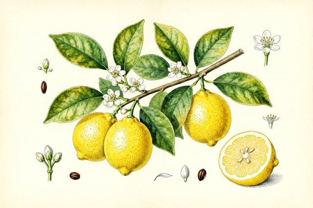 Botanical illustration of a lemon tree branch (Citrus limonum), featuring ripe yellow lemons, green 