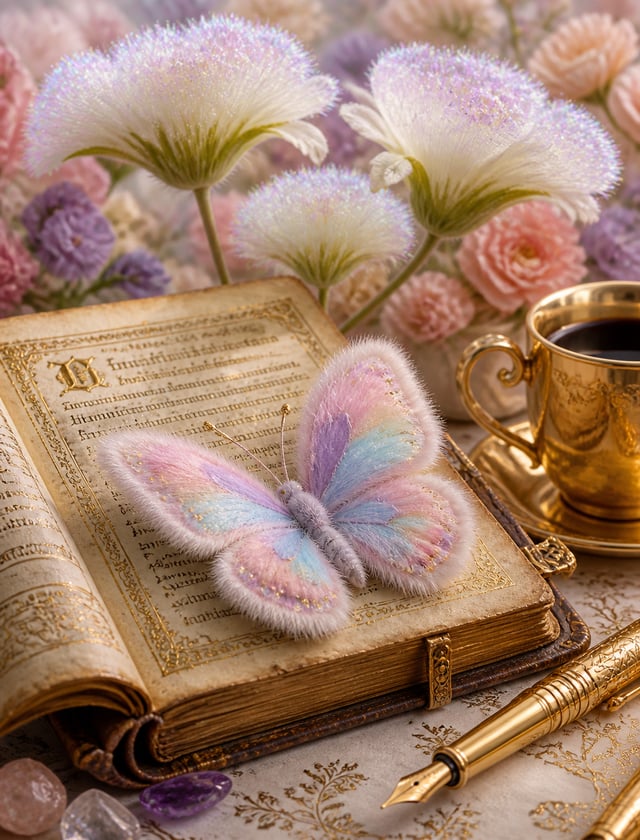 In an enchanting 3D render, a delicate butterfly with fluffy, pastel-colored wings like mink fur res
