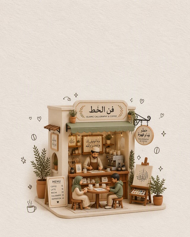 Create a charming minimalist 3D miniature islamic calligraphy shop scene inspired by a cozy handmade