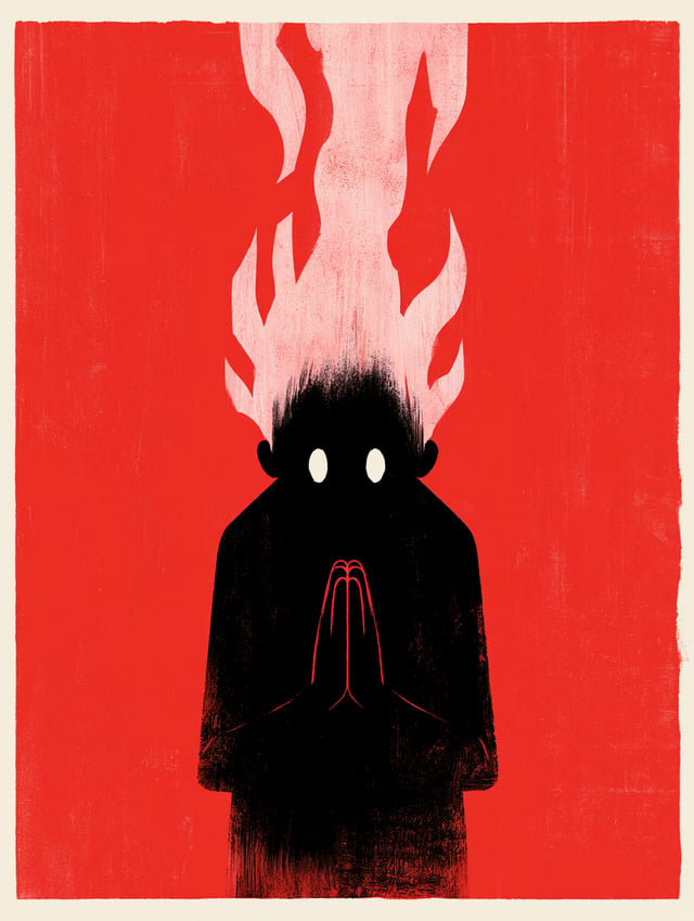 A stark graphic illustration centers a faceless, black-clad figure seated or standing frontally with