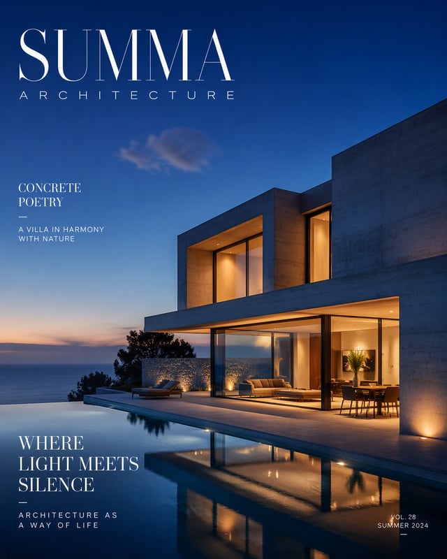 Create a premium architectural photography poster of a minimalist concrete villa. FORMAT: 4:5 vertic